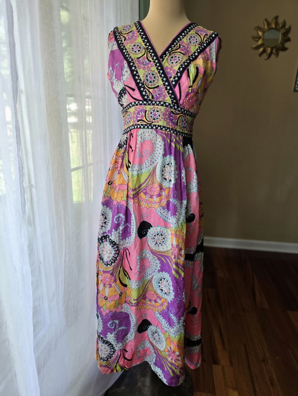 Vintage 1960s Psychedelic Paisley Maxi Dress XS Pink Mod Boho Empire Waist